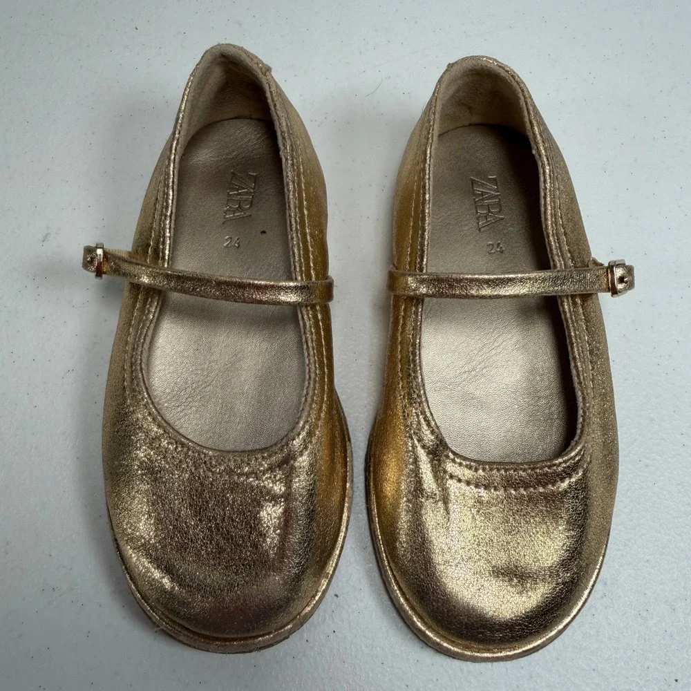 Zara 24 Toddler 8 Mary Jane Shoes Gold Metallic Faux Leather Buckle Strap Party